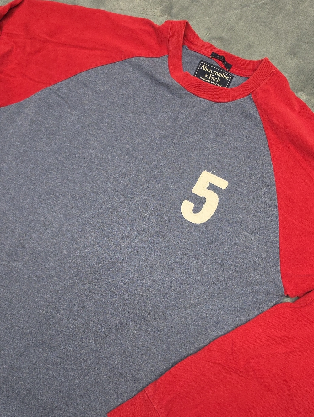 Abercrombie & Fitch Blue Heather and Red Raglan Long Sleeve Shirt with White '5'